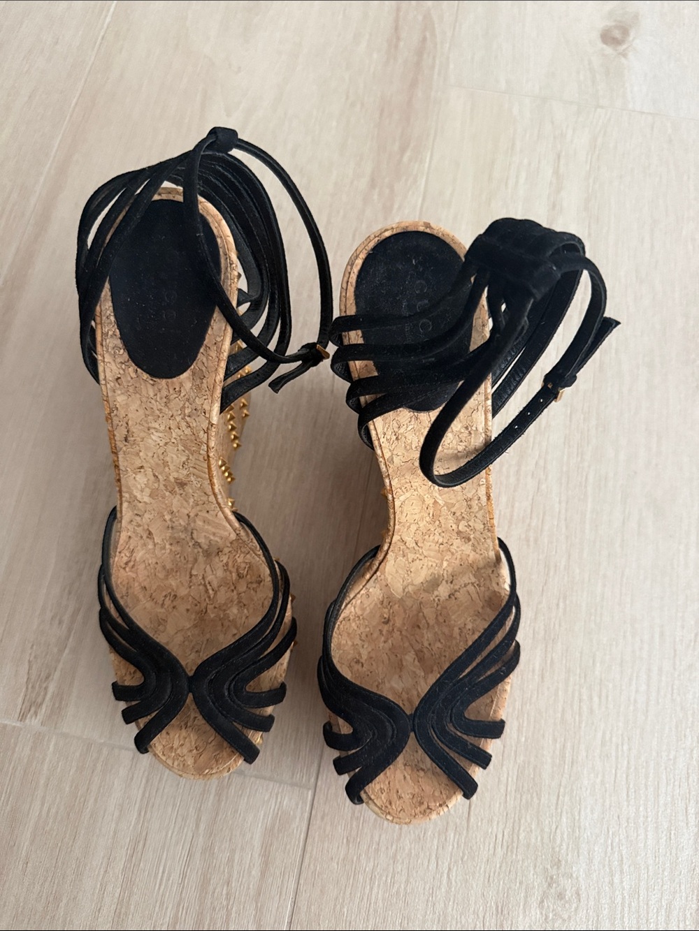Gucci Black Suede Cork Wedge Sandals with Ankle Wraps